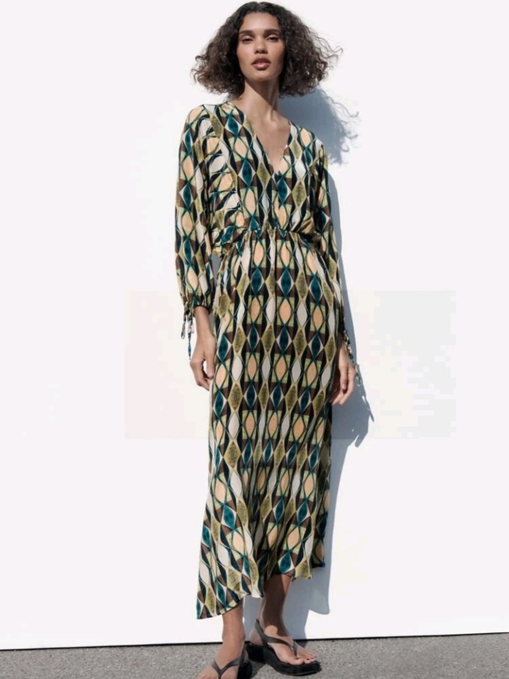 Zara Geometric Print V-Neck Maxi Dress in Green and Cream